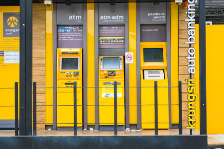 Bangkok, Thailand -August, 04, 2021 : ATM Machine of many bank such as KBANK at Bangkok, Thailand.