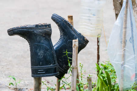 Dirty boots on the grass after working in the gardenの写真素材