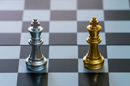 Chess board game,silver chess teame and gold chess team, soft to focus, ideas for business, leadership, teamwork and plan concept.の写真素材