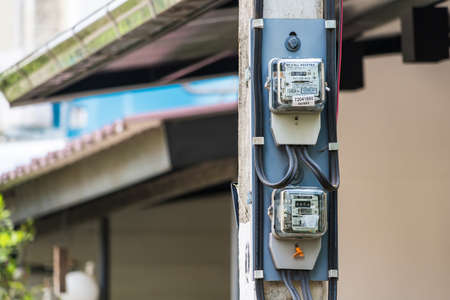 Bangkok, Thailand - April, 18, 2022 :Watthour meter of electricity for use in home.This is a modern technology that can monitor the home's electrical energy consumption.Electricity meter at Bangkok, Thailandのeditorial素材