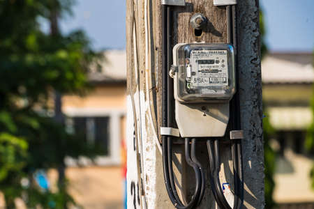 Bangkok, Thailand - April, 18, 2022 :Watthour meter of electricity for use in home.This is a modern technology that can monitor the home's electrical energy consumption.Electricity meter at Bangkok, Thailandのeditorial素材