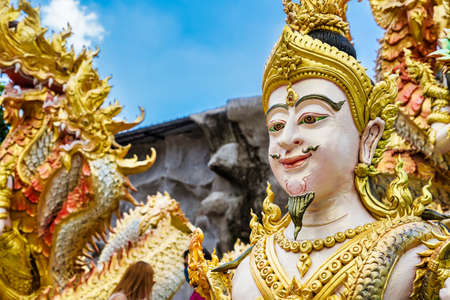 Nakhon Nayok, Thailand - April, 24, 2022 : Naga angel statue of Maniwong Temple at Nakhon Nayok,...