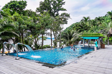 Rayong, Thailand - October, 15, 2022 : Swimming pool of Ao Prao Resort at the Koh Samet island, Rayong, Thailandのeditorial素材