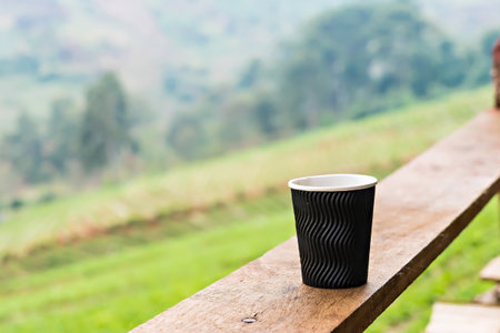 Paper cup of coffee with sunrise on green field background.の写真素材