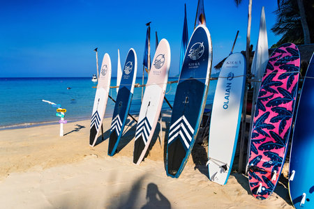 Rayong, Thailand - October, 15, 2022 : Pictures of Surfboards on the famous beach at the Koh Samet...
