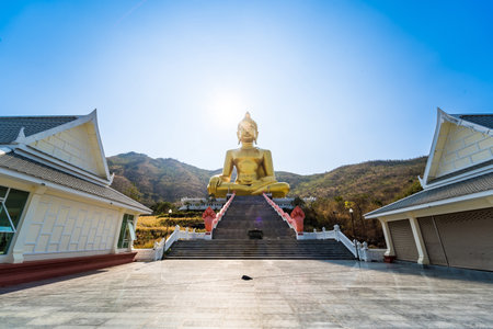 Lopburi, Thailand - February, 10, 2023 : Big Buddha statue in gold color at Khao Wong Phra Chan Temple.Lopburi, Thailandのeditorial素材