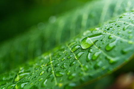 Macro closeup of Beautiful fresh green leaf with drop of water after the rain in morning sunlight nature background.の写真素材