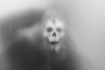 Bangkok, Thailand - August, 20, 2023 : Mysterious man holding a skull in his hand standing behind frosted glass looking mysterious and scary looking like a sorcerer.haunting concept.Halloween conceptの写真素材