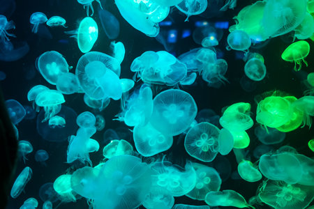 Colorful Jellyfish underwater, Jellyfish moving in water. Beautiful light reflection on Jellyfish in the aquarium.の写真素材