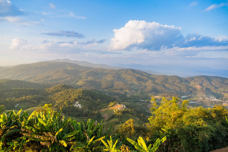 Panoramic Landscape view of the sky and mountains in northern Thailand.の写真素材