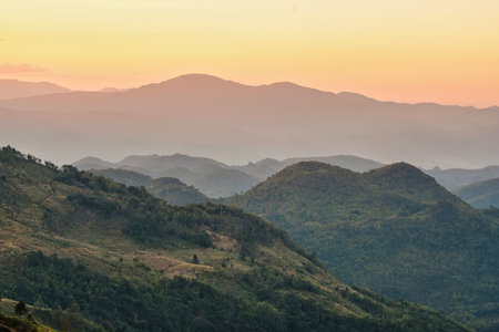 Panoramic Landscape sunset view of the sky and mountains in northern Thailand.の写真素材