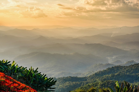 Panoramic Landscape sunset view of the sky and mountains in northern Thailand.の写真素材