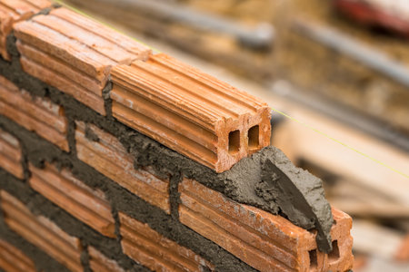 brick block structure construction plaster cement mortar wall in residential building industryの写真素材