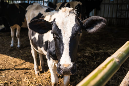 Holstein black and white spotted milk cow in the early morning of the Thai countryside.の写真素材