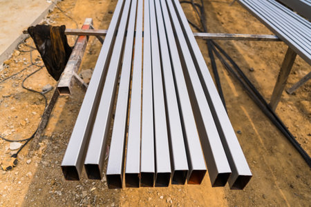 Pile of many different sizes of building material galvanised steelの写真素材