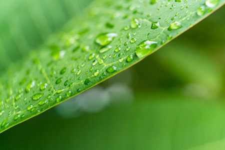 Macro closeup of Beautiful fresh green leaf with drop of water in morning sunlight nature background.の写真素材