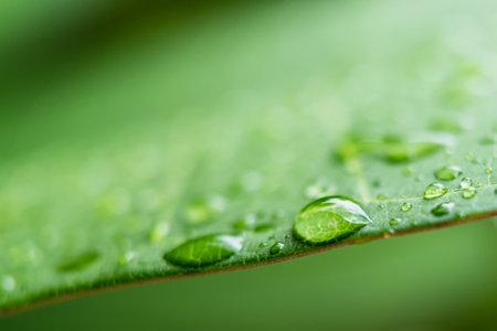 Macro closeup of Beautiful fresh green leaf with drop of water in morning sunlight nature background.の写真素材