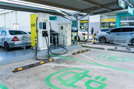 Bangkok, Thailand - January,10, 2024:Electric car charging station. Power supply for electric car charging. Clean energy conceptの写真素材