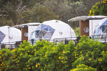 Chiang Mai, Thailand - January,05, 2024: Geodesic dome Tents and housing of Mon Mok Fa Resort, Mon...