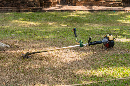 Lawn mower on a green lawn