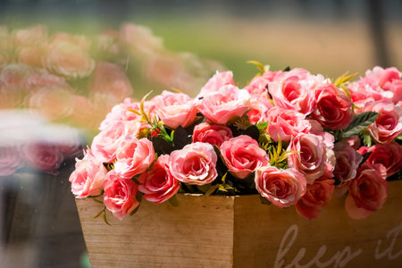A beautiful display of pink roses in a wooden box, capturing the elegance and freshness of the flowers.の写真素材