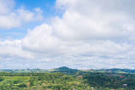 Rolling hills covered in dense trees stretch across the horizon, creating a sense of depth and natural beauty. The clouds overhead are thick yet allow some sunlight to filter through.の写真素材