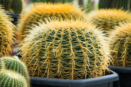 A vibrant image of a group of golden barrel cacti growing together in a pot, perfect for nature and plant enthusiasts.の写真素材