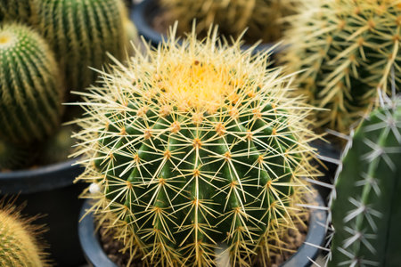 A vibrant image of a group of golden barrel cacti growing together in a pot, perfect for nature and plant enthusiasts.の写真素材