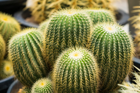 A vibrant image of a group of golden barrel cacti growing together in a pot, perfect for nature and plant enthusiasts.の写真素材