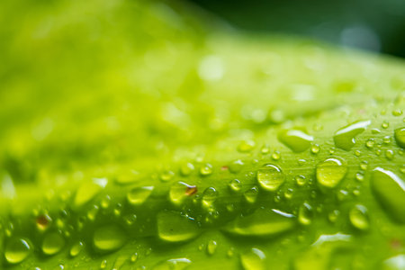 Raindrops on a green leaf, a beautiful display of nature's hydration.の写真素材