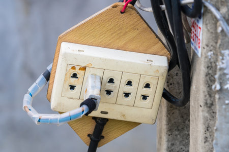 An outdoor electrical outlet with multiple sockets mounted on a wooden board, showing signs of weathering and rust. The image highlights the exposed wiring and the practical yet aged setup.の写真素材