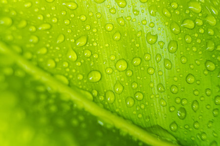 Fresh raindrops on a green leaf, capturing the essence of a rainy day and the vitality of nature.の写真素材