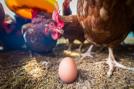 Freshly laid eggs on straw, surrounded by a group of hens in a chicken coop, reflecting the natural and wholesome environment of egg production.の写真素材