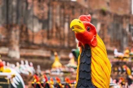Traditional Thai Rooster Statues.Symbols of Prosperity at Ayutthaya, Thailand.の写真素材
