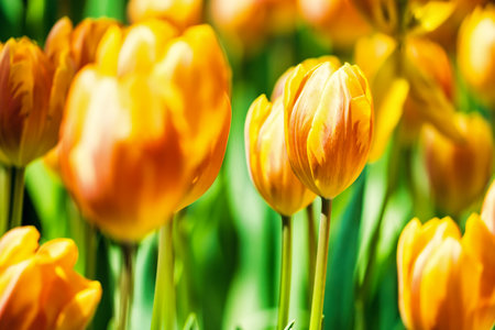 Yellow and orange tulips blooming brightly in a lush garden surrounded by green leaves, showcasing the vibrant beauty of spring.の写真素材