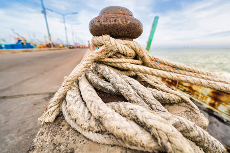An old mooring post with rope and tire on a seaside pier, highlighting its detailed nautical...