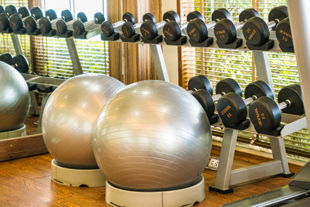 Chonburi, Thailand - November, 18, 2024: Spacious Fitness Room with Large Windows, Mirrors, and a Variety of Exercise Equipment at Chonburi, Thailand.のeditorial素材
