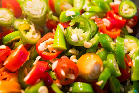 Close-up of colorful chopped chili peppers and garlic, highlighting the textures and colors that make this a perfect ingredient for adding heat and flavor to meals.の写真素材