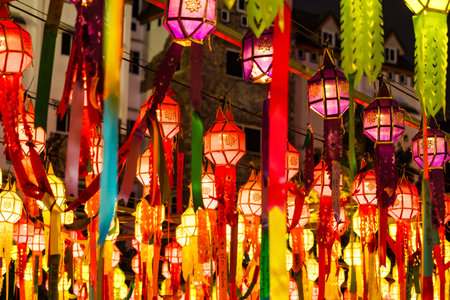 Phetchabun, Thailand - January, 06, 2025 : Radiant Lanterns and Streamers: A Beautiful Celebration of Light and Thai Cultural Heritage at Phetchabun, Thailand.の写真素材