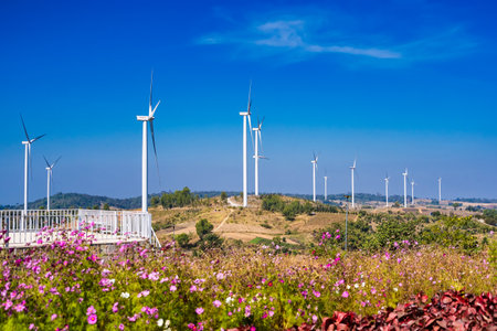 Phetchabun, Thailand - January, 06, 2025 : Panoramic View of Wind Turbines in a Scenic Countryside...