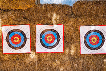 Traditional Archery Target on a Straw Bale, Featuring a Classic Bullseye Design for Precision Shooting Practiceの写真素材