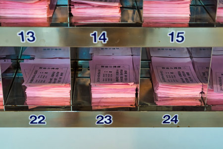 Ayutthaya, Thailand - March, 10, 2025 :  Pink divination lot slips neatly arranged in numbered slots for fortune readings at a Chinese shrine at Ayutthaya, Thailandの写真素材