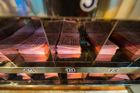Ayutthaya, Thailand - March, 10, 2025 :  Pink divination lot slips neatly arranged in numbered slots...