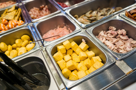 Assorted fresh ingredients including tofu cubes and various meats arranged in metal trays at a buffet style restaurantの写真素材