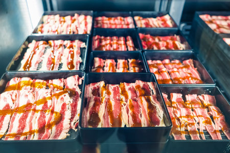 Slices of bacon neatly arranged in rectangular black trays with a glossy finish displayed in a commercial refrigeratorの写真素材