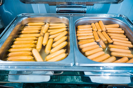 Two stainless steel trays filled with sausages soaked in water, used in a buffet setting for serving hot dogsの写真素材