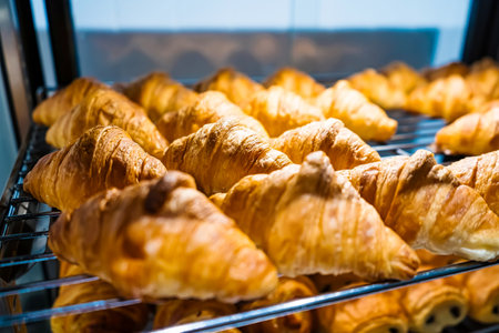 A display case with freshly baked croissants and pastries on multiple shelves in a bakery settingの写真素材