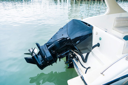 Close-up of a modern black outboard motor attached to the back of a white motorboat on calm green waterの写真素材