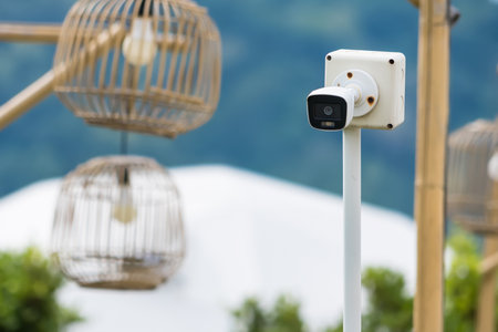 Outdoor security camera mounted on a wooden post with green foliage in the blurred backgroundの写真素材