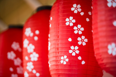 Close-up of traditional red Japanese paper lanterns decorated with white cherry blossom patterns, hanging in a row.の写真素材